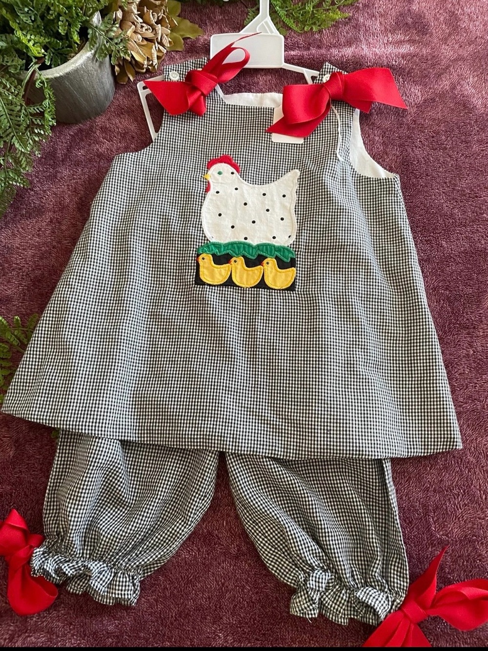 Gingham Hen Appliqué Top & Bloomers Set - Black & White with Yellow Accent sz 3